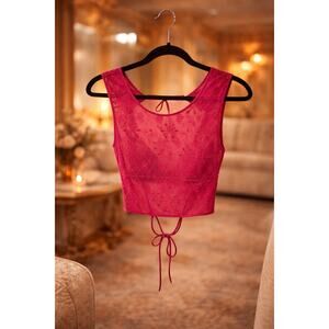 Anthropologie Raspberry Pink Sequin Lace Tie Back Top NWT Medium Sheer Coquette